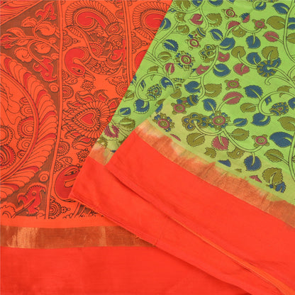 Sanskriti Vintage Green/Orange Sarees Pure Cotton Handmade Kalamkari Sari Fabric