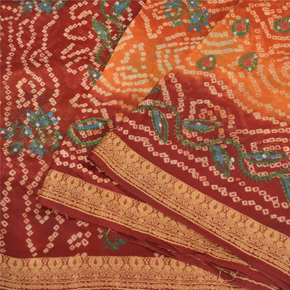 Sanskriti Vintage Saffron/Red Sarees Pure Silk Handmade Bandhani Sari Fabric