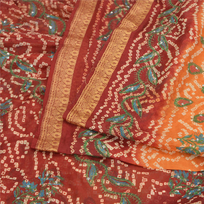 Sanskriti Vintage Saffron/Red Sarees Pure Silk Handmade Bandhani Sari Fabric