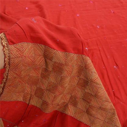 Sanskriti Vintage Red Indian Sarees Pure Crepe Silk Hand Embroidered Sari Fabric