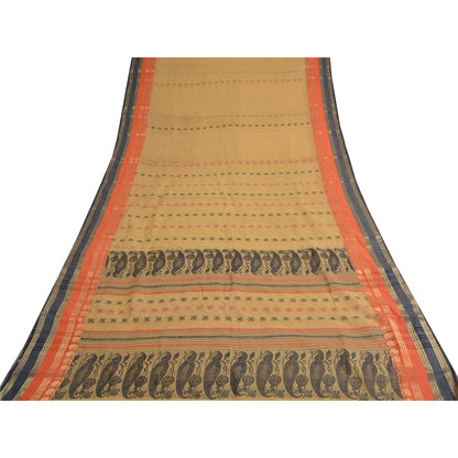 Sanskriti Vintage Beige Indian Sarees Pure Cotton Woven Premium Sari Fabric