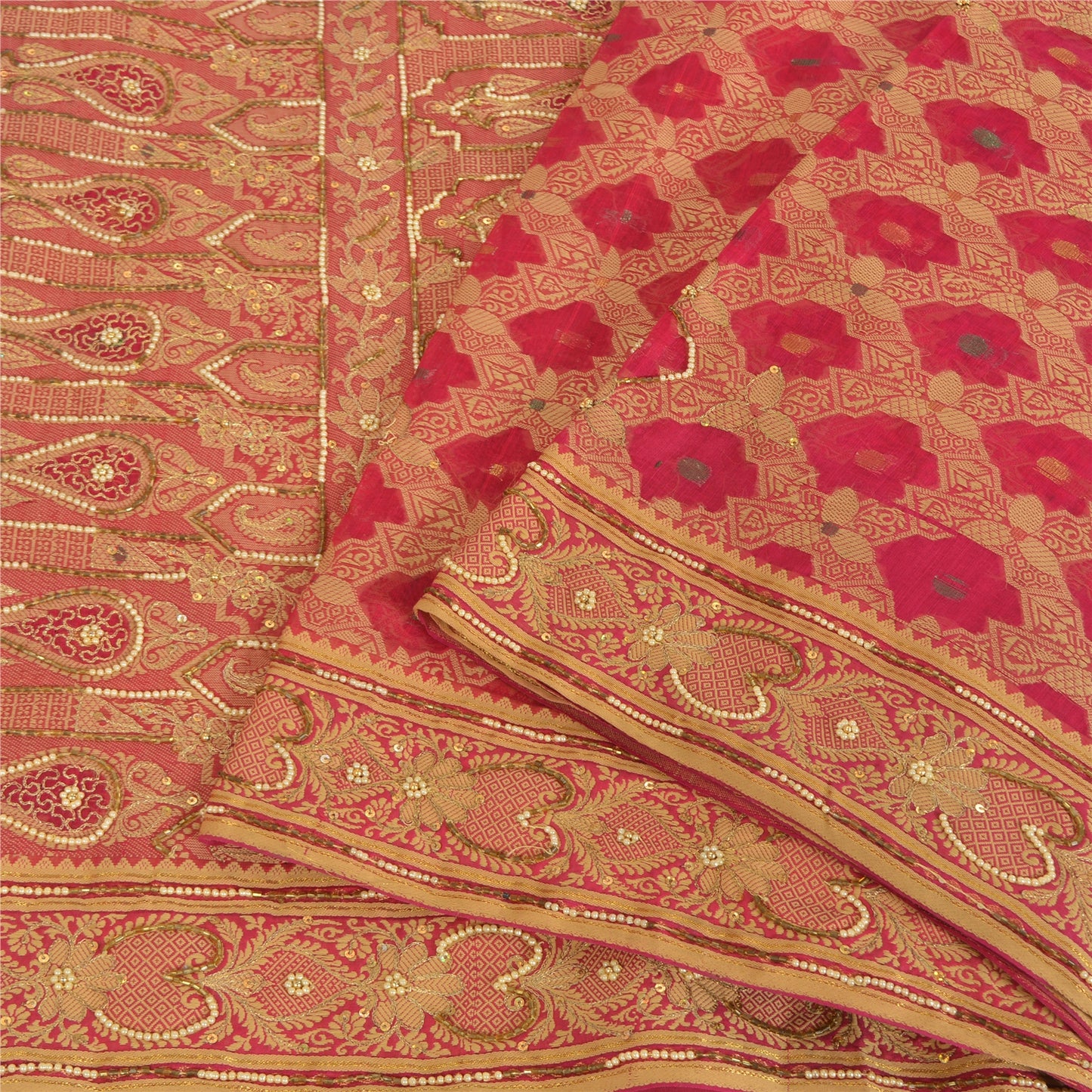 Sanskriti Vintage Indian Pink Sarees Pure Silk Hand Beaded Woven 6yd Sari Fabric