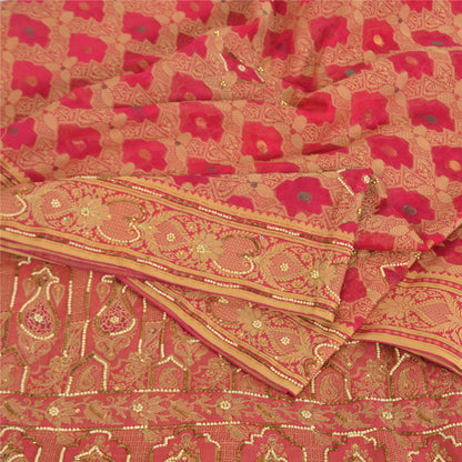 Sanskriti Vintage Indian Pink Sarees Pure Silk Hand Beaded Woven 6yd Sari Fabric