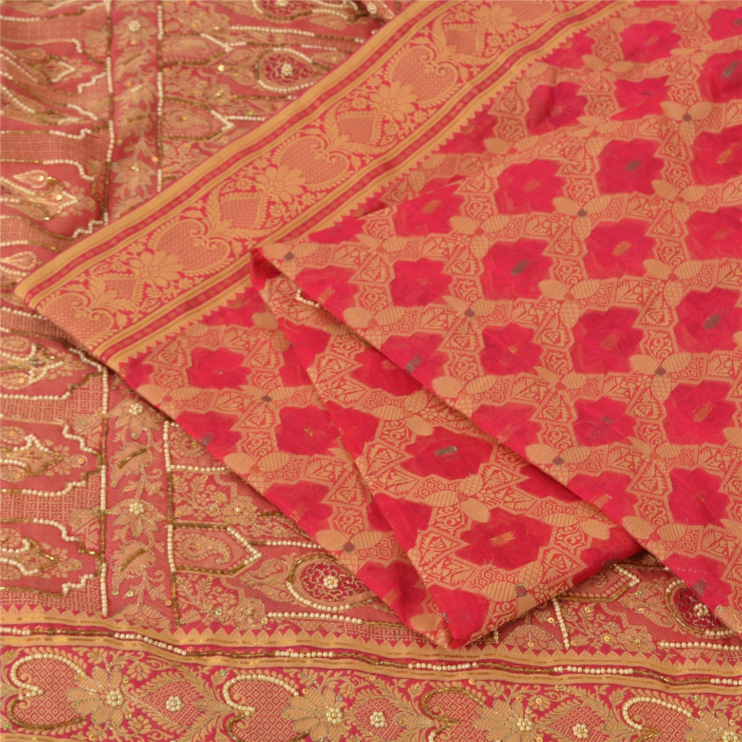 Sanskriti Vintage Indian Pink Sarees Pure Silk Hand Beaded Woven 6yd Sari Fabric