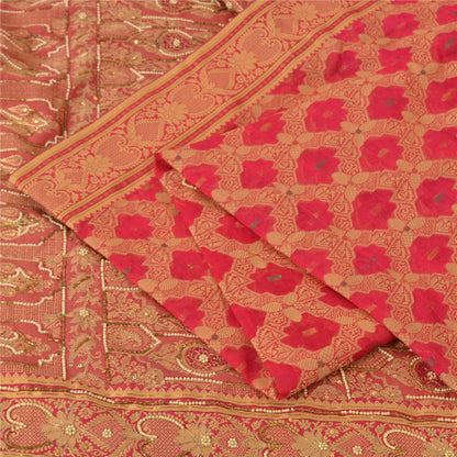 Sanskriti Vintage Indian Pink Sarees Pure Silk Hand Beaded Woven 6yd Sari Fabric