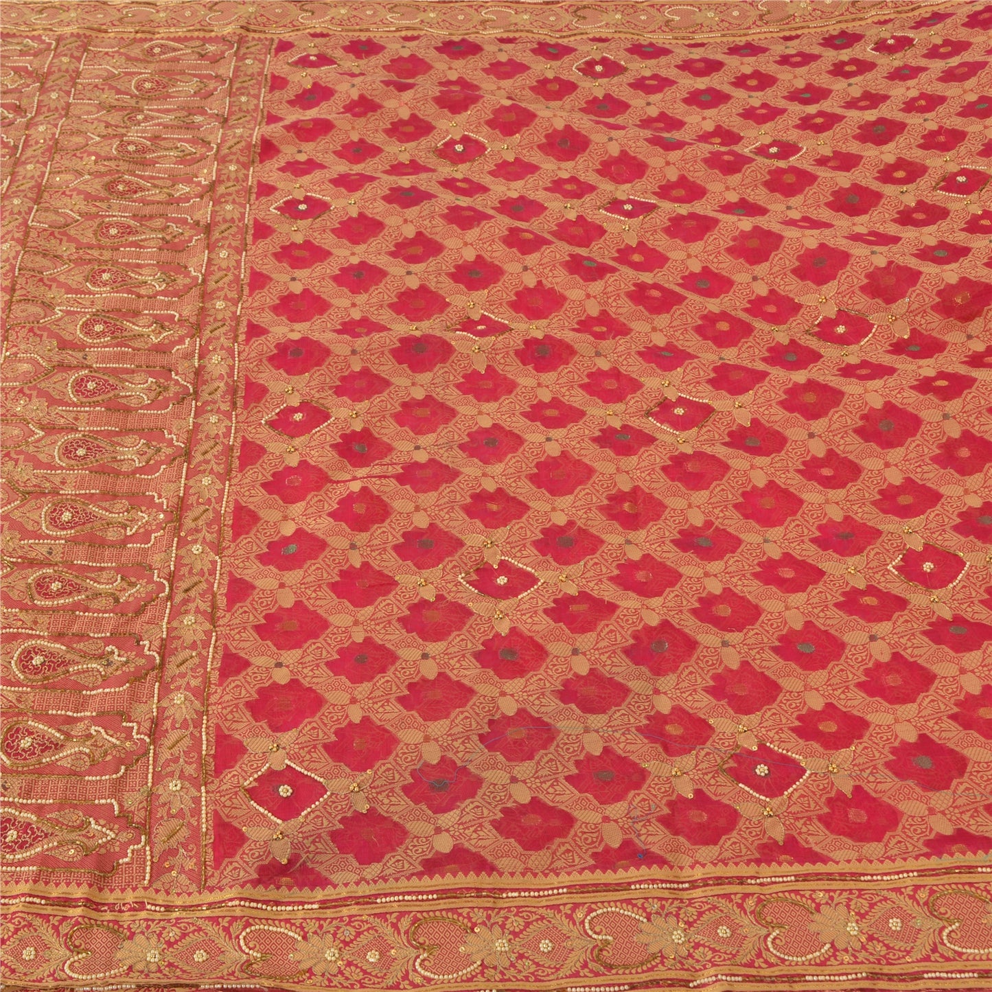 Sanskriti Vintage Indian Pink Sarees Pure Silk Hand Beaded Woven 6yd Sari Fabric