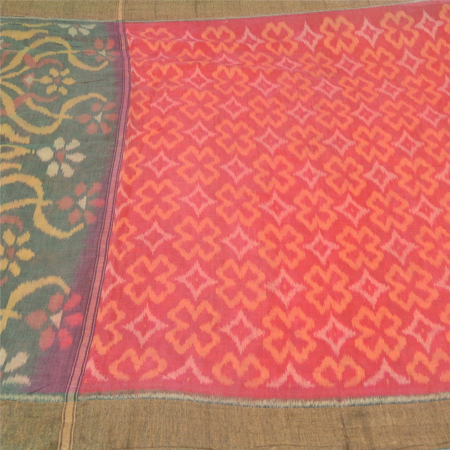 Sanskriti Vintage Red/Grey Indian Sarees Pure Cotton Woven Ikat Sari Fabric