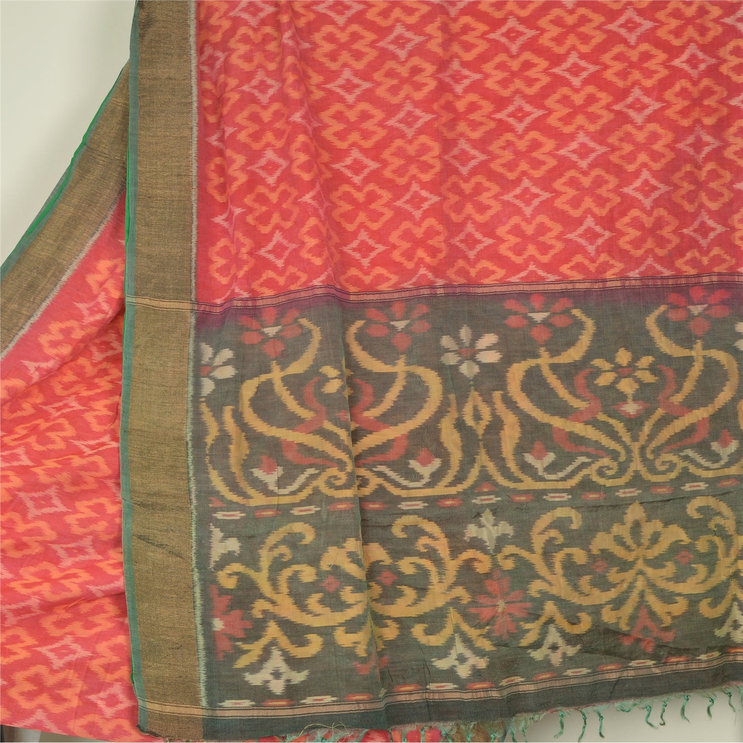 Sanskriti Vintage Red/Grey Indian Sarees Pure Cotton Woven Ikat Sari Fabric