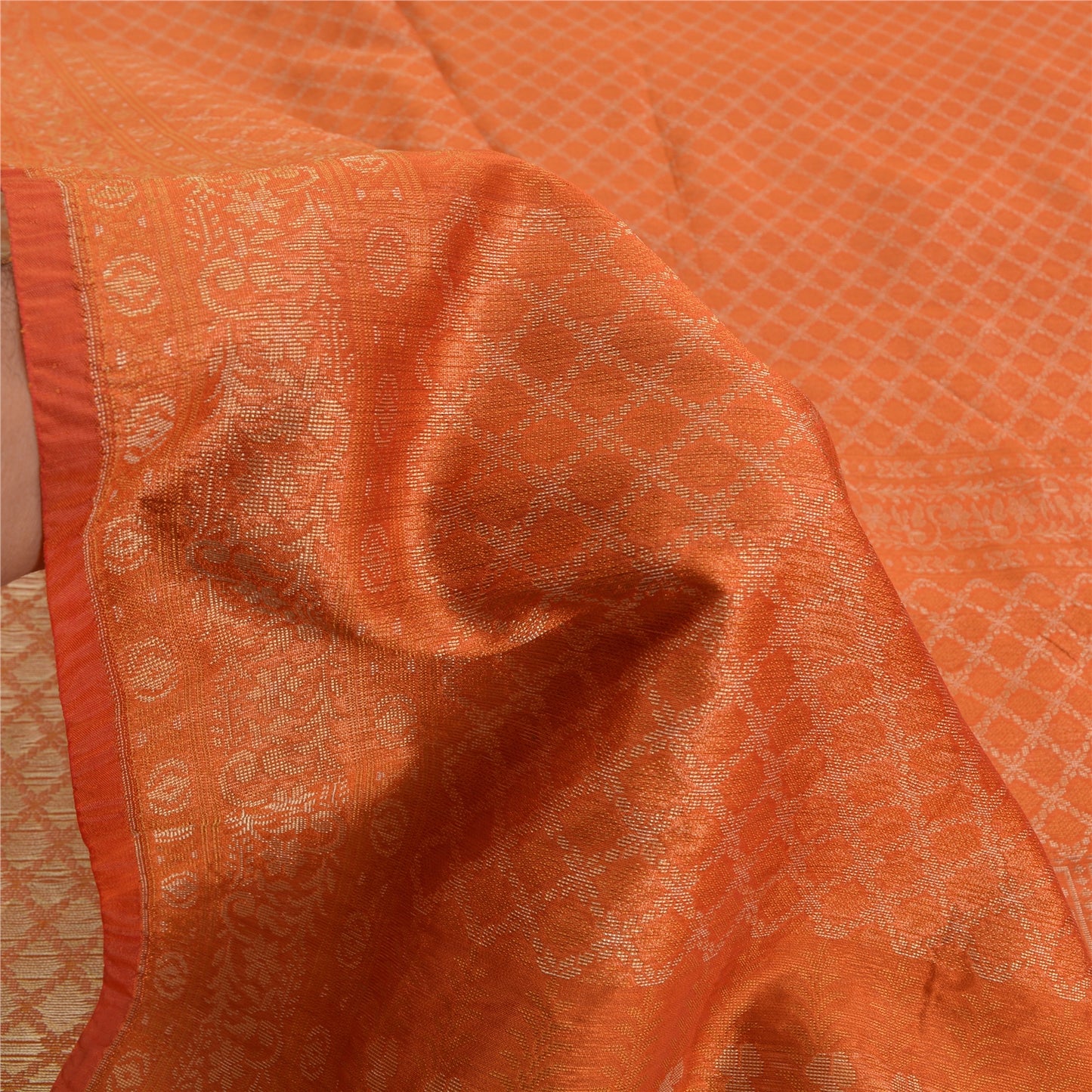 Sanskriti Vintage Orange Indian Sarees Pure Silk Woven Premium Sari Craft Fabric