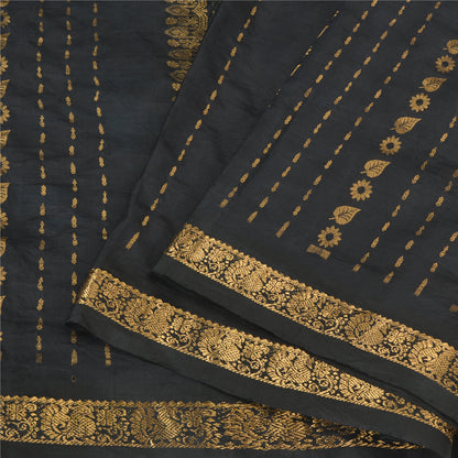 Sanskriti Vintage Black Sarees Pure Silk Woven Brocade/Banarasi Zari Sari Fabric