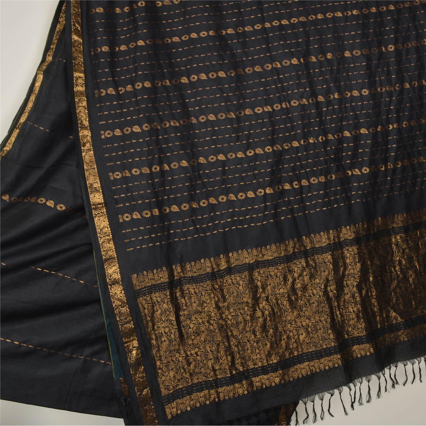 Sanskriti Vintage Black Sarees Pure Silk Woven Brocade/Banarasi Zari Sari Fabric