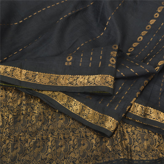 Sanskriti Vintage Black Sarees Pure Silk Woven Brocade/Banarasi Zari Sari Fabric