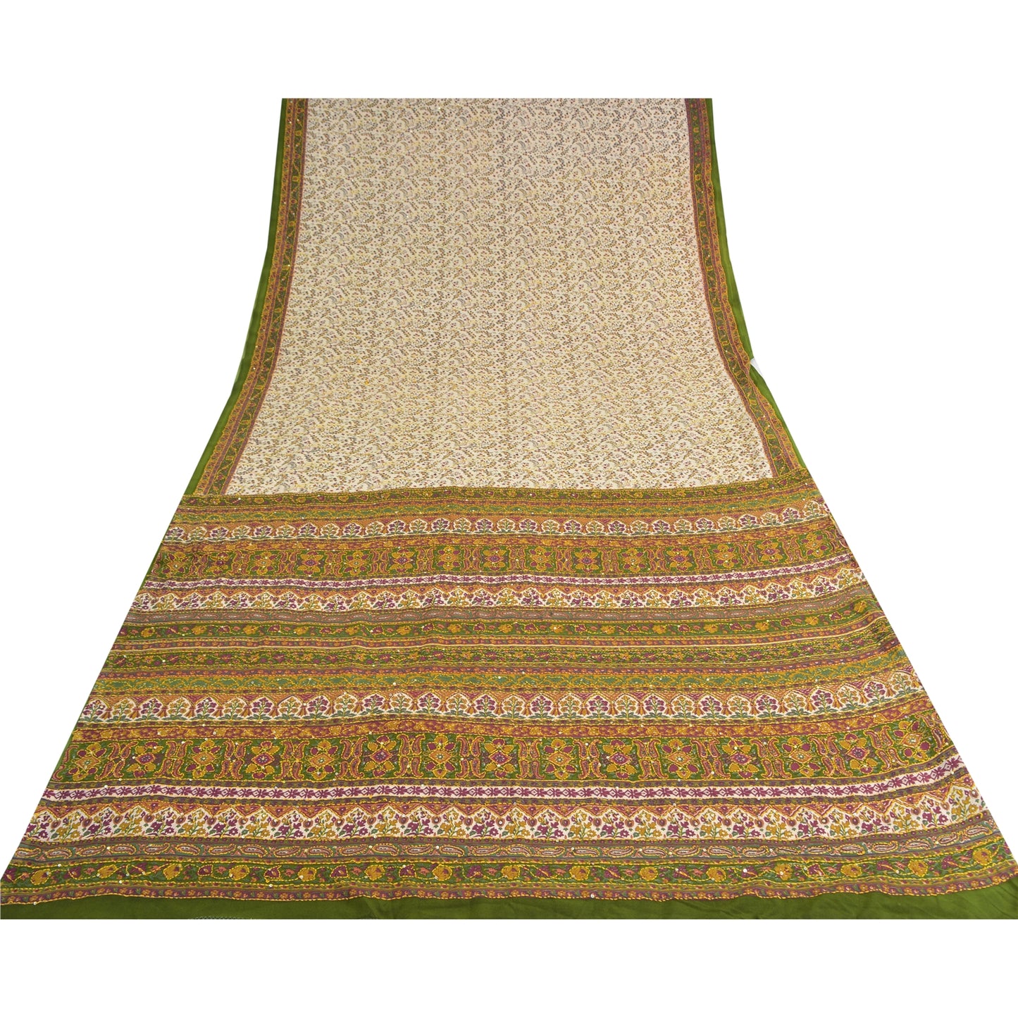 Sanskriti Vintage Cream/Green Indian Sarees Crepe Hand Beaded Kantha Sari Fabric