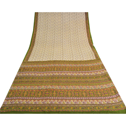 Sanskriti Vintage Cream/Green Indian Sarees Crepe Hand Beaded Kantha Sari Fabric