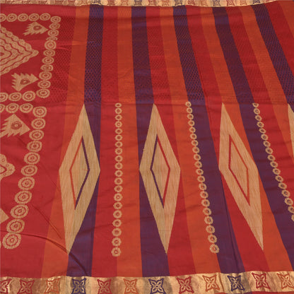 Sanskriti Vintage Red/Blue Indian Sarees Pure Silk Woven Sari 5 YD Craft Fabric