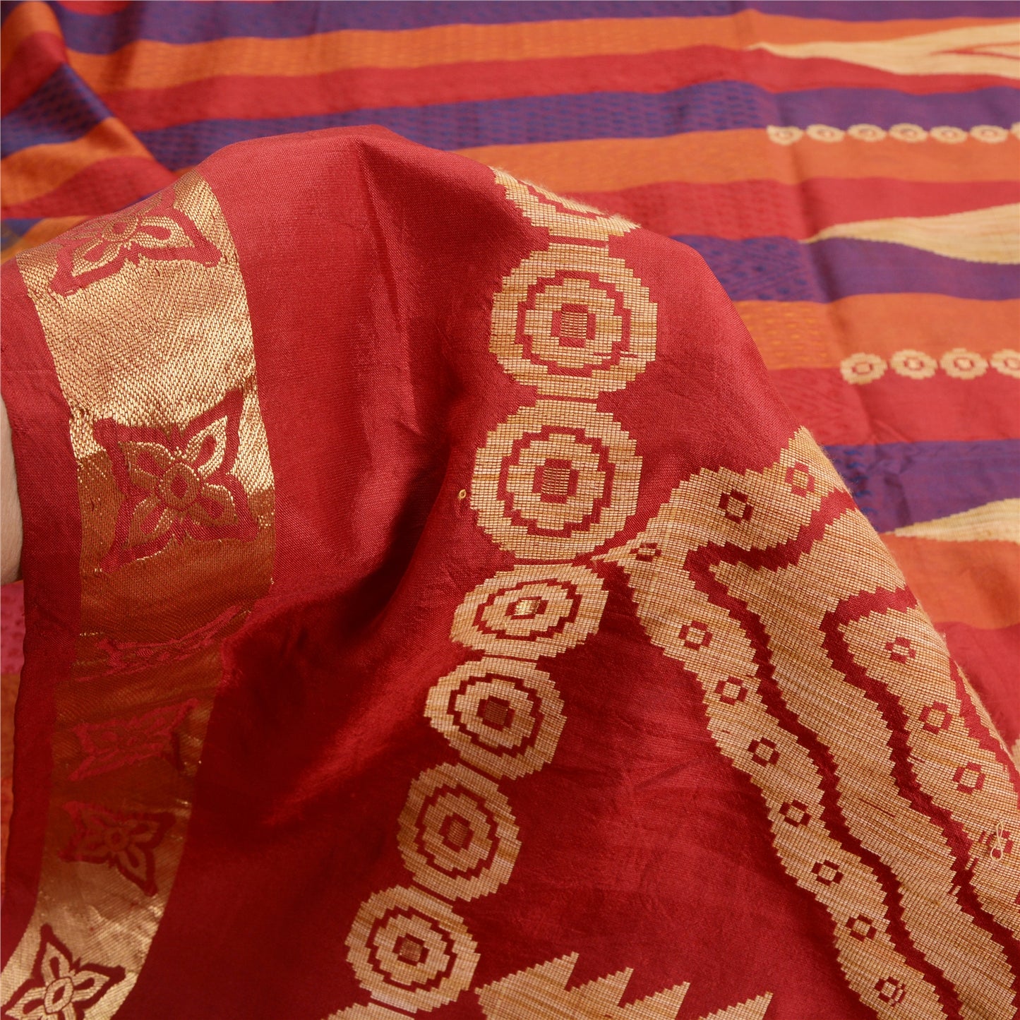 Sanskriti Vintage Red/Blue Indian Sarees Pure Silk Woven Sari 5 YD Craft Fabric