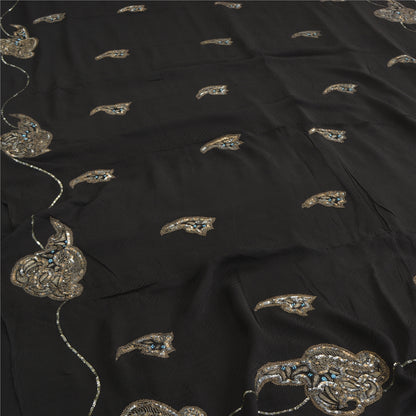 Sanskriti Vintage Black Sarees Pure Silk Hand Beaded Woven Premium Sari Fabric