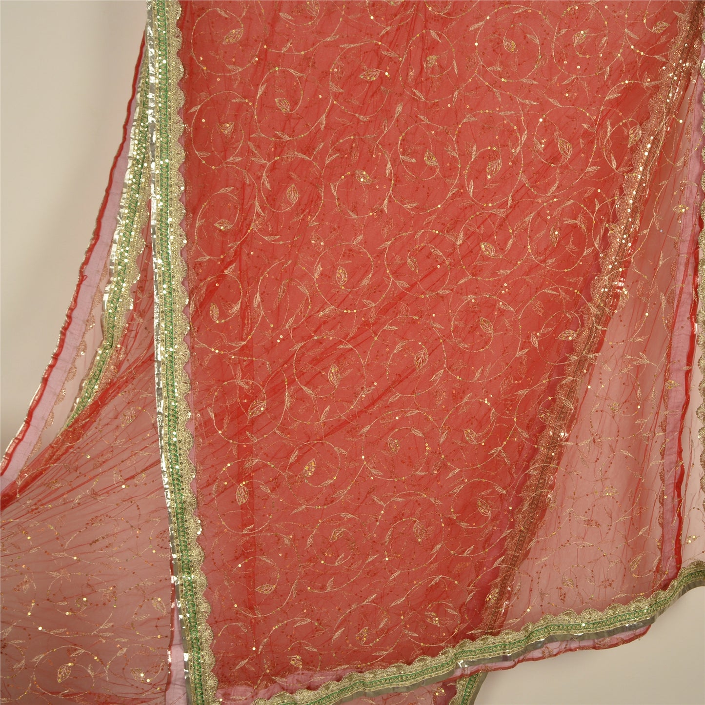 Sanskriti Vintage Red Sarees Net Mesh Hand Beaded Premium Sari Craft Fabric