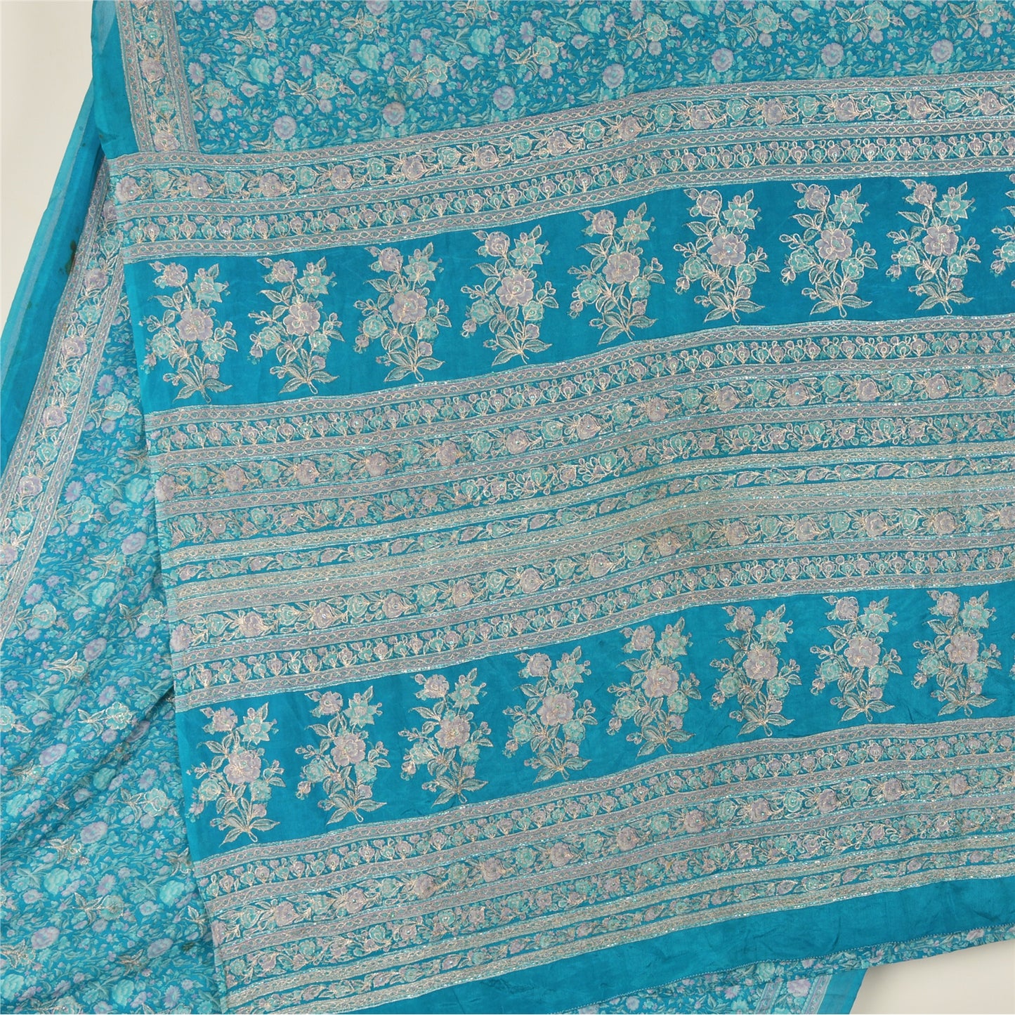 Sanskriti Vintage Blue Sarees Pure Silk Hand Beaded Premium Sari Craft Fabric