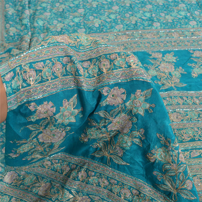 Sanskriti Vintage Blue Sarees Pure Silk Hand Beaded Premium Sari Craft Fabric