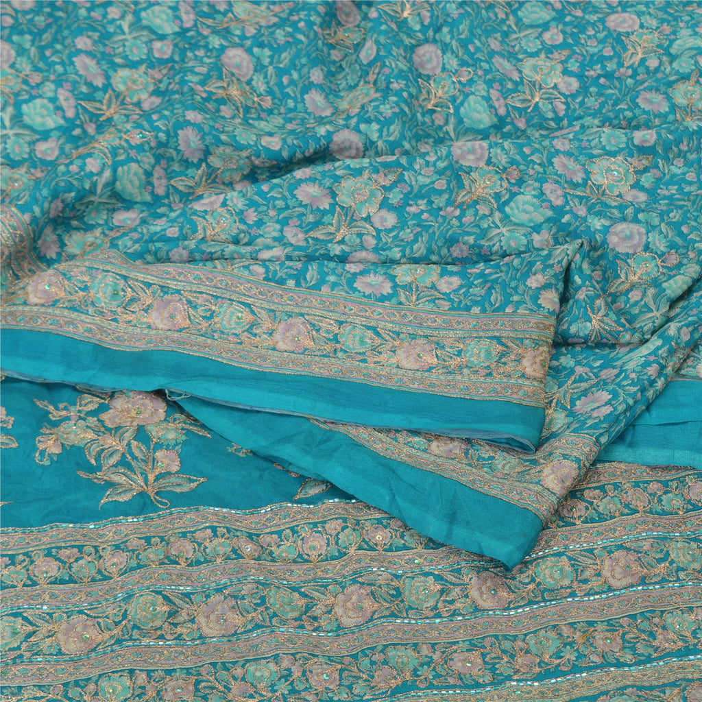 Sanskriti Vintage Blue Sarees Pure Silk Hand Beaded Premium Sari Craft Fabric