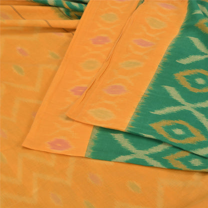 Sanskriti Vintage Yellow/Green Sarees Pure Cotton Woven Ikat Premium Sari Fabric