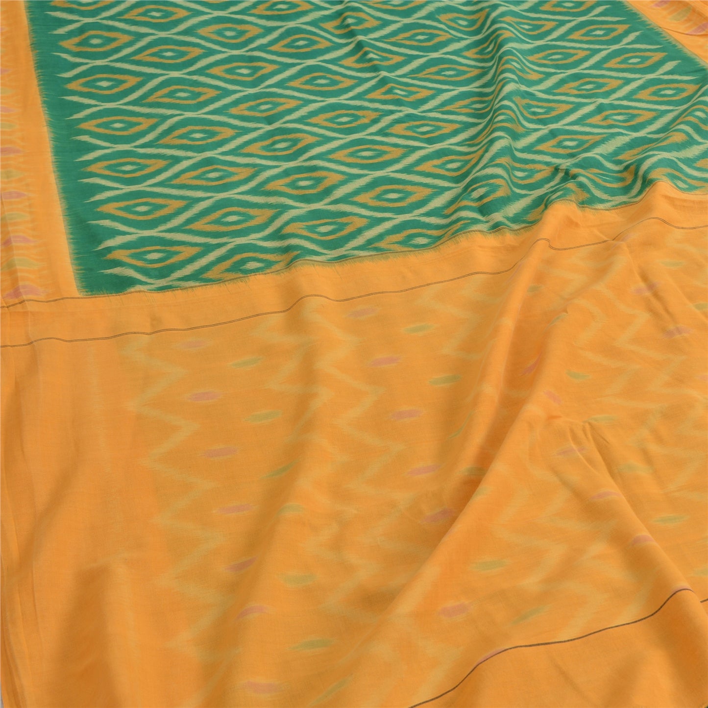 Sanskriti Vintage Yellow/Green Sarees Pure Cotton Woven Ikat Premium Sari Fabric