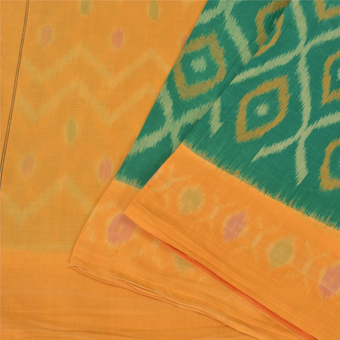 Sanskriti Vintage Yellow/Green Sarees Pure Cotton Woven Ikat Premium Sari Fabric