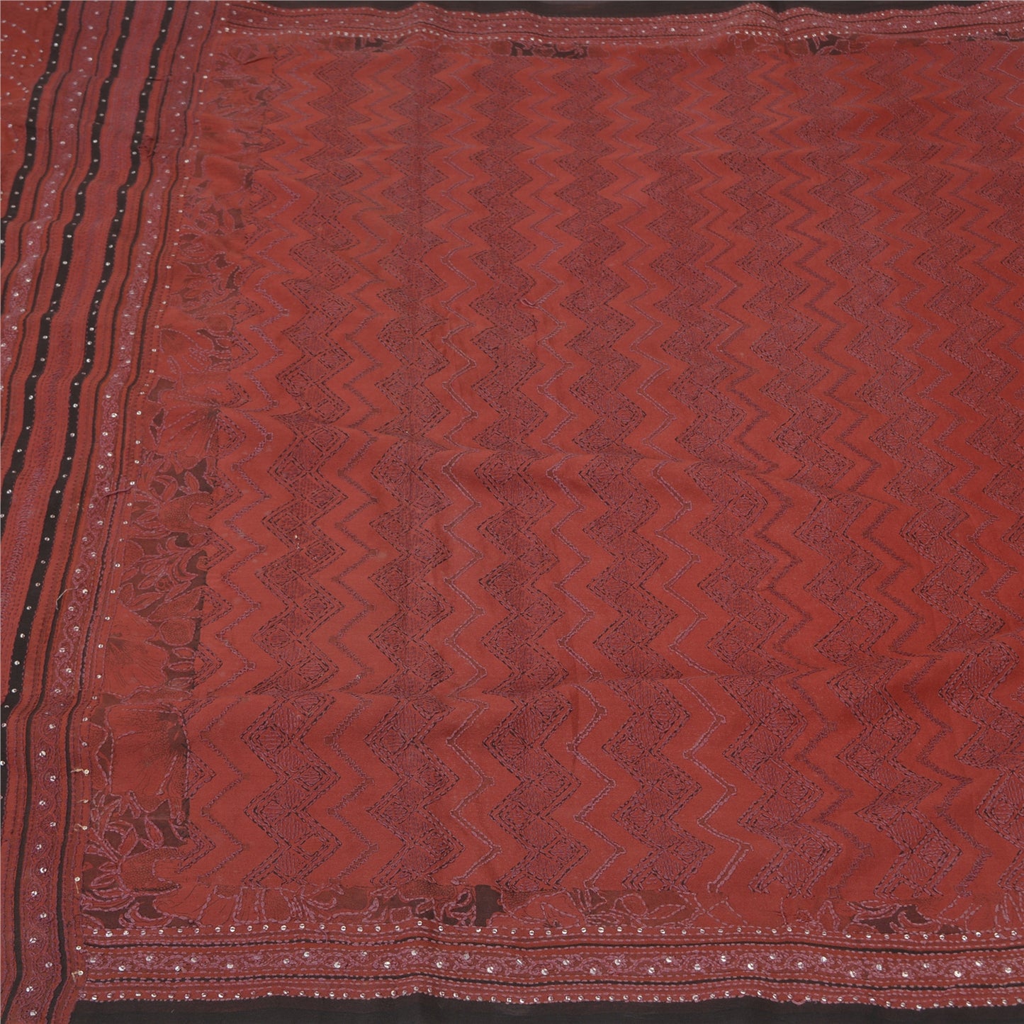 Sanskriti Vintage Dark Red Sarees Pure Crepe Silk Hand Beaded Kantha Sari Fabric