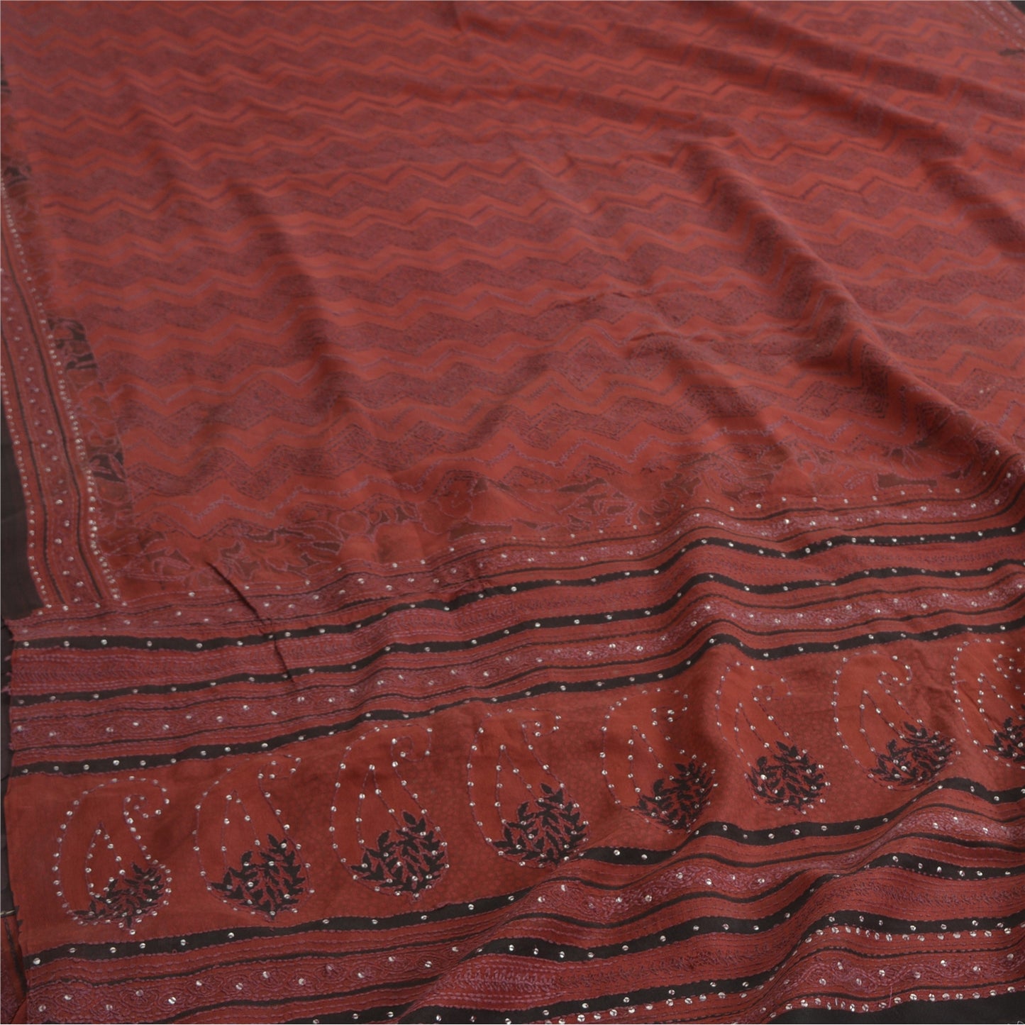 Sanskriti Vintage Dark Red Sarees Pure Crepe Silk Hand Beaded Kantha Sari Fabric