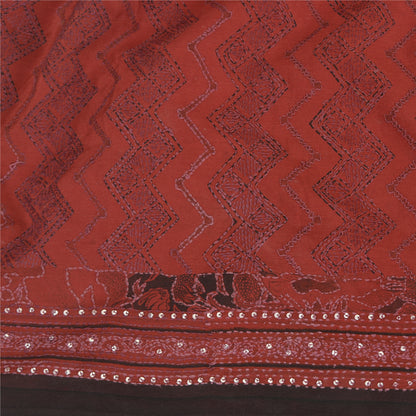 Sanskriti Vintage Dark Red Sarees Pure Crepe Silk Hand Beaded Kantha Sari Fabric