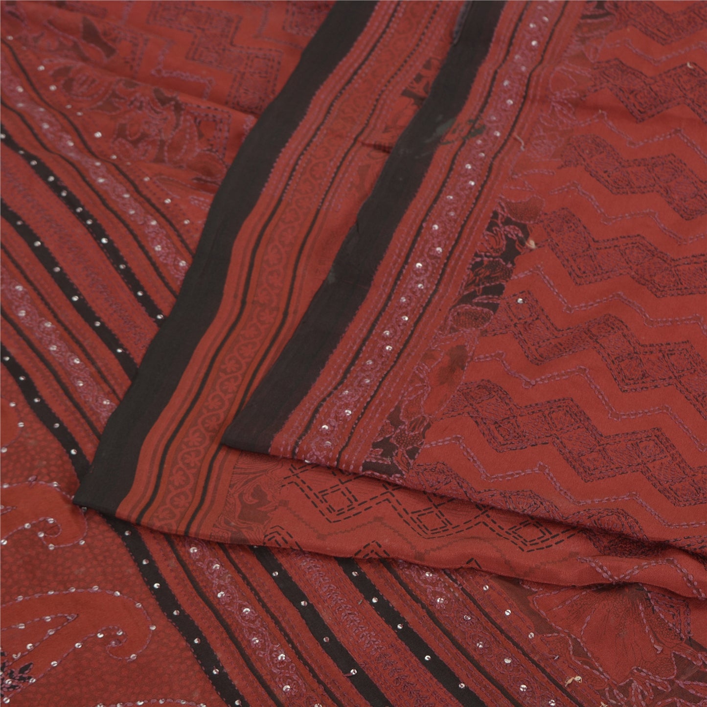 Sanskriti Vintage Dark Red Sarees Pure Crepe Silk Hand Beaded Kantha Sari Fabric