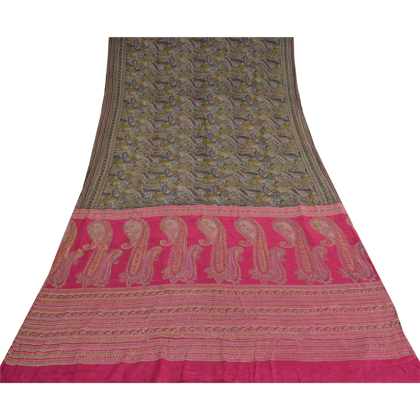 Sanskriti Vintage Black/Pink Sarees Pure Silk Handmade Mukeish Work Sari Fabric