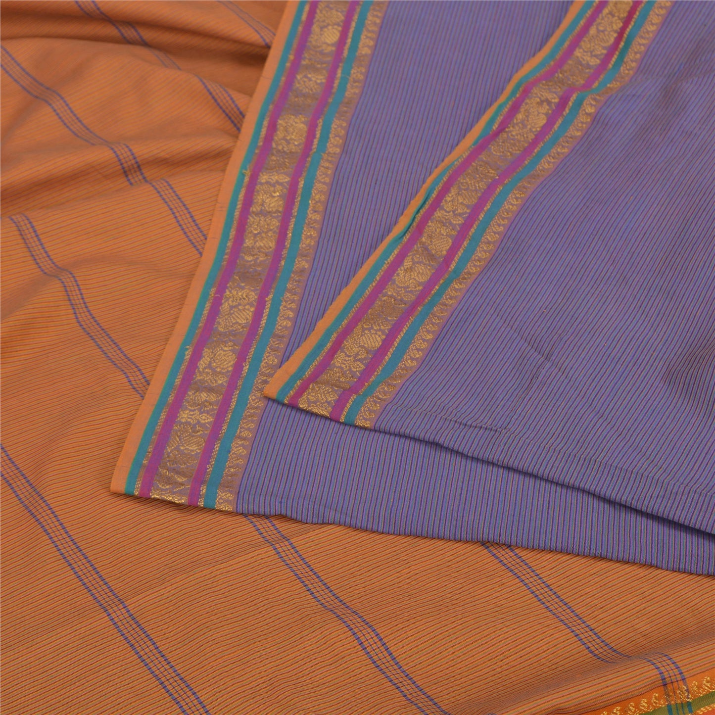 Sanskriti Vintage Saffron/Blue Sarees Blend Silk Woven Ilkal Premium Sari Fabric