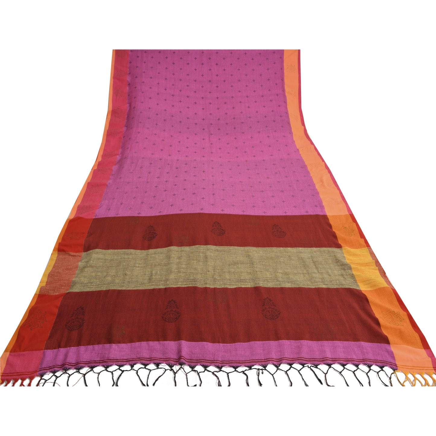 Sanskriti Vintage Indian Sarees Handloom Cotton Woven Block Printed Sari Fabric