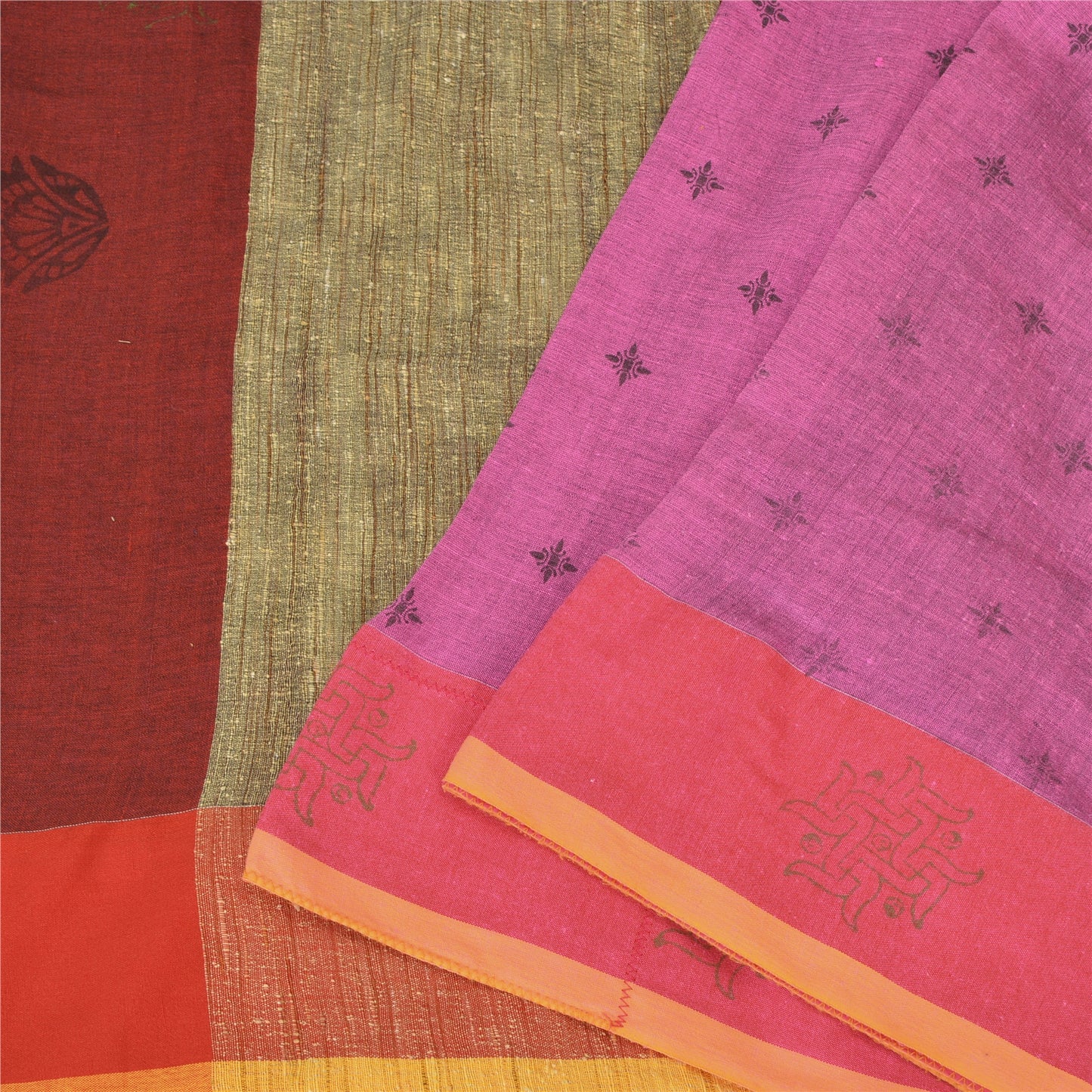 Sanskriti Vintage Indian Sarees Handloom Cotton Woven Block Printed Sari Fabric