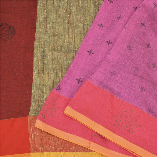 Sanskriti Vintage Indian Sarees Handloom Cotton Woven Block Printed Sari Fabric