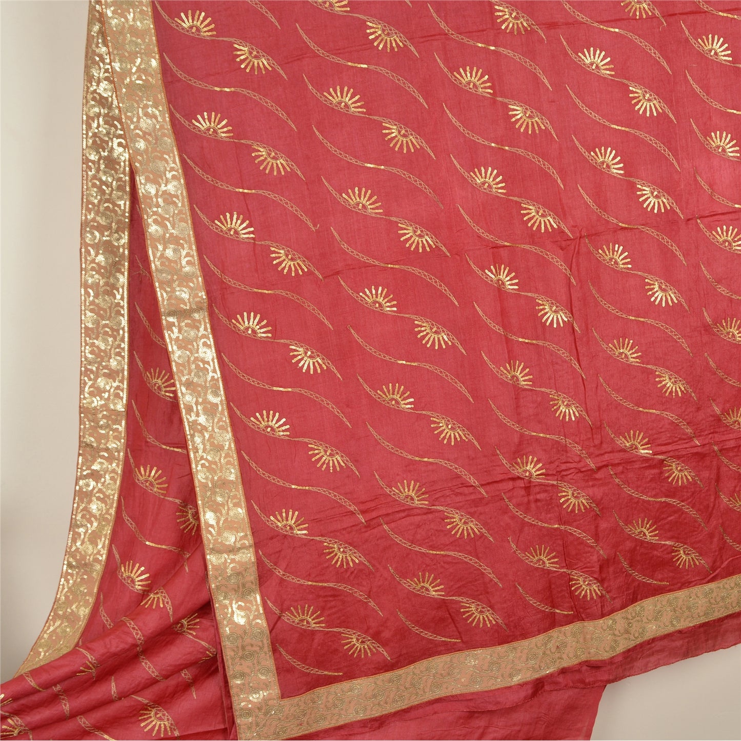 Sanskriti Vintage Red Sarees Pure Silk Hand Beaded Premium Sari Craft Fabric