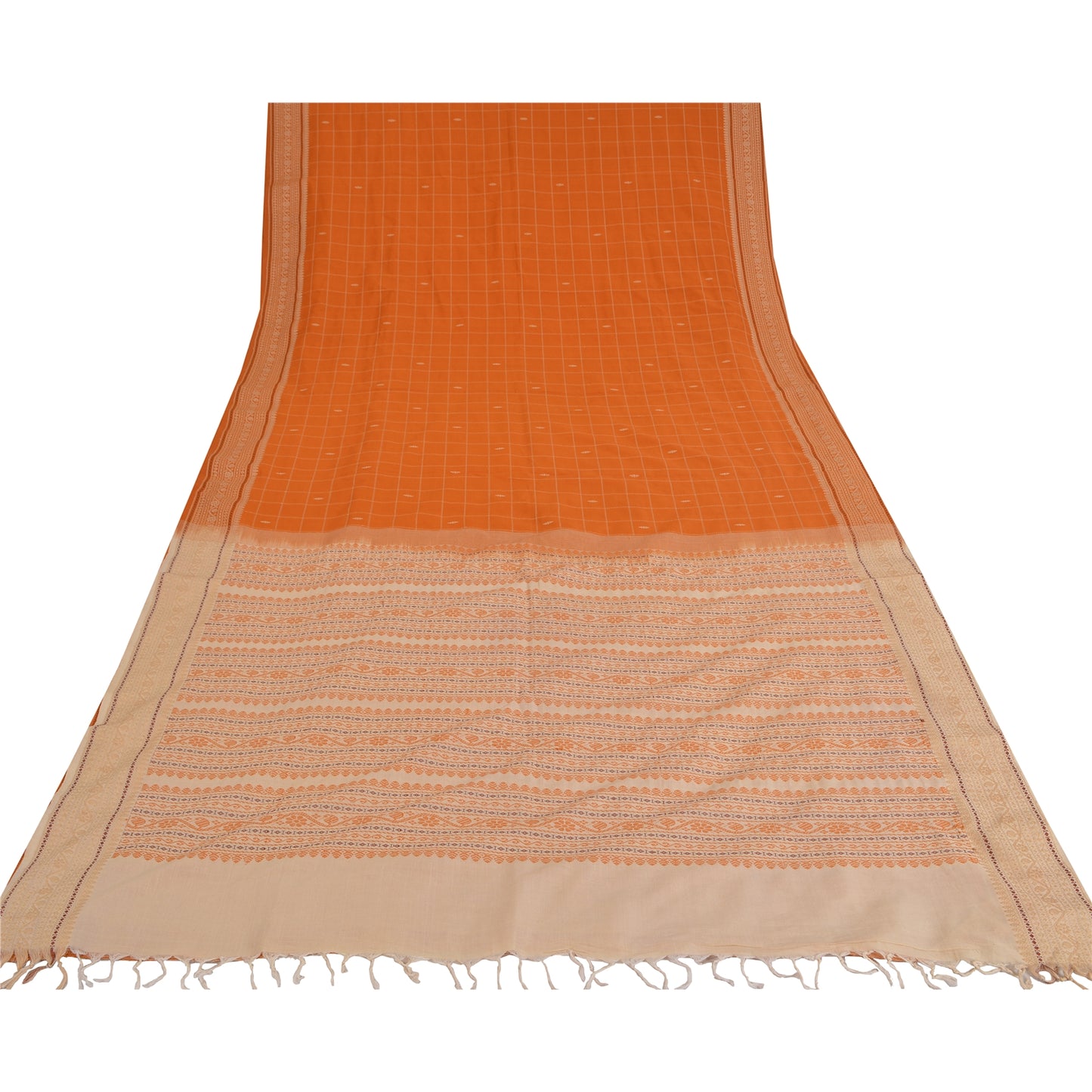 Sanskriti Vintage Orange/Ivory Sarees Pure Cotton Woven Premium Sari 5yrd Fabric