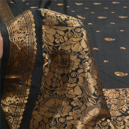 Sanskriti Vintage Black Sarees Pure Silk Woven Brocade/Banarasi Zari Sari Fabric