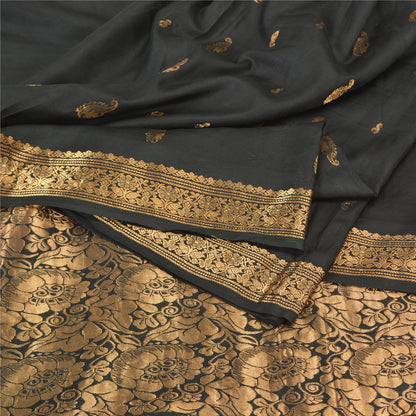 Sanskriti Vintage Black Sarees Pure Silk Woven Brocade/Banarasi Zari Sari Fabric