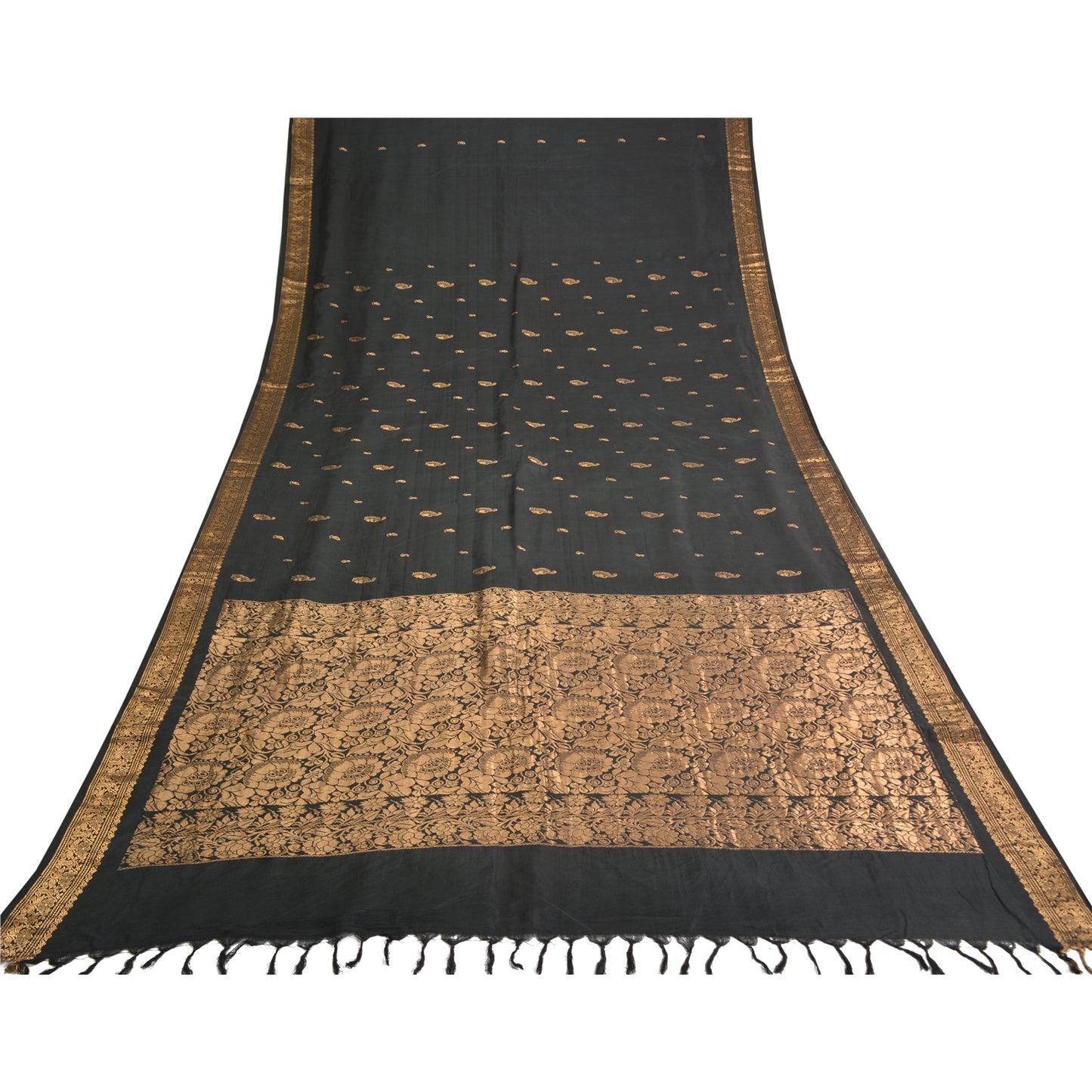 Sanskriti Vintage Black Sarees Pure Silk Woven Brocade/Banarasi Zari Sari Fabric