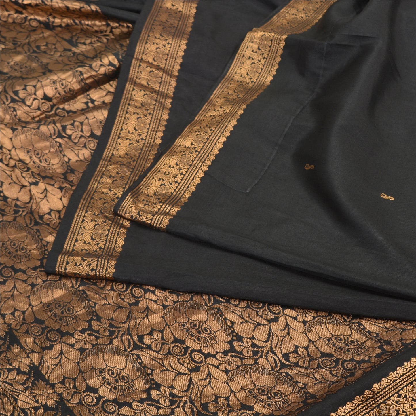 Sanskriti Vintage Black Sarees Pure Silk Woven Brocade/Banarasi Zari Sari Fabric