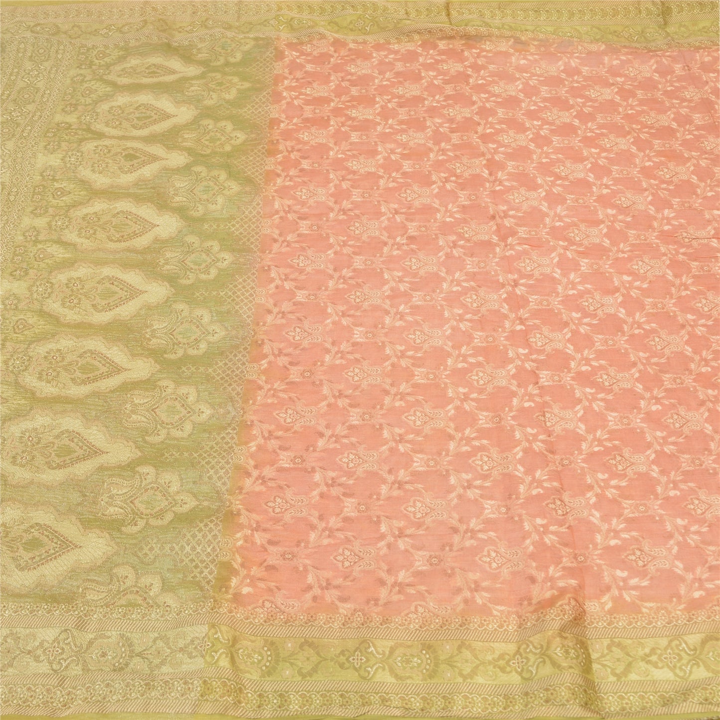 Sanskriti Vintage Golden/Peach Sarees Pure Silk Woven Premium Sari Craft Fabric