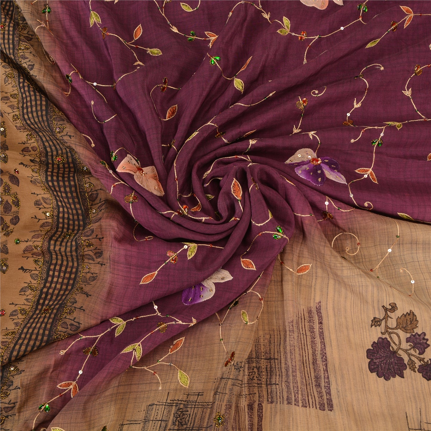 Sanskriti Vintage Brown/Purple Sarees Pure Crepe Silk Hand Beaded Sari Fabric