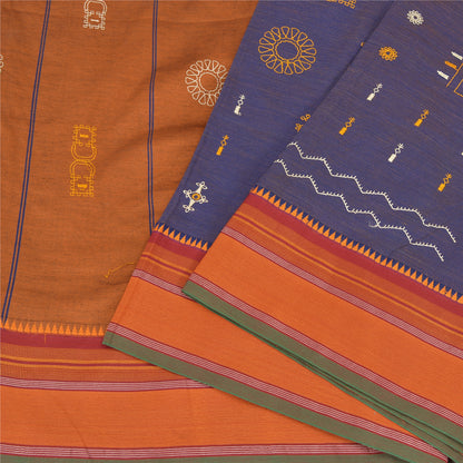 Sanskriti Vintage Blue/Saffron Sarees Blend Silk Embroidered Premium Sari Fabric