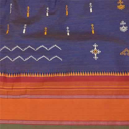 Sanskriti Vintage Blue/Saffron Sarees Blend Silk Embroidered Premium Sari Fabric