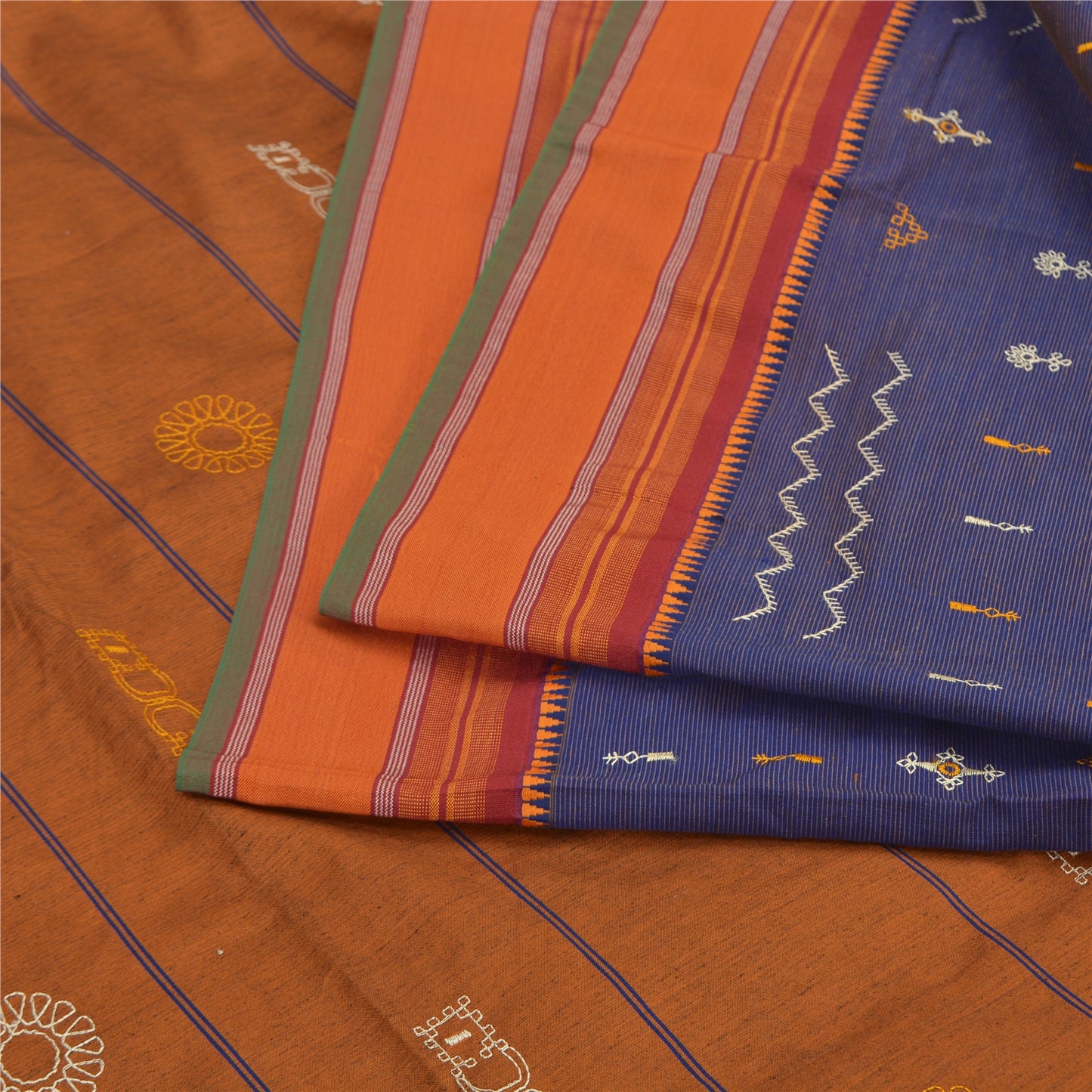 Sanskriti Vintage Blue/Saffron Sarees Blend Silk Embroidered Premium Sari Fabric