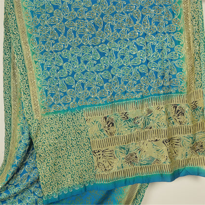 Sanskriti Vintage Blue/Green Sarees Pure Silk Hand Beaded Premium Sari Fabric