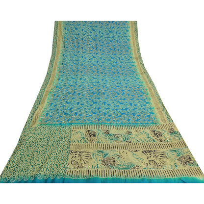 Sanskriti Vintage Blue/Green Sarees Pure Silk Hand Beaded Premium Sari Fabric